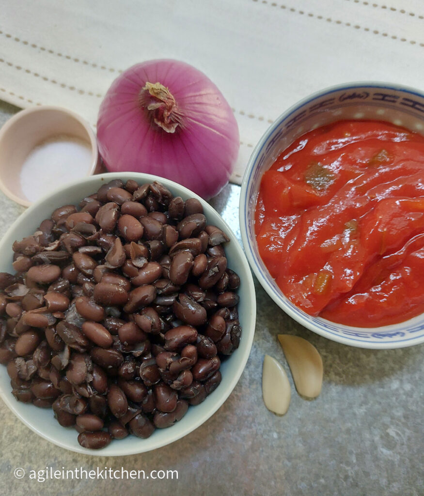 Ingredients for black bean soup lined up. A pot of salt, a red onion, a bowl of black beans, a bowl of salsa and two cloves of garlic.