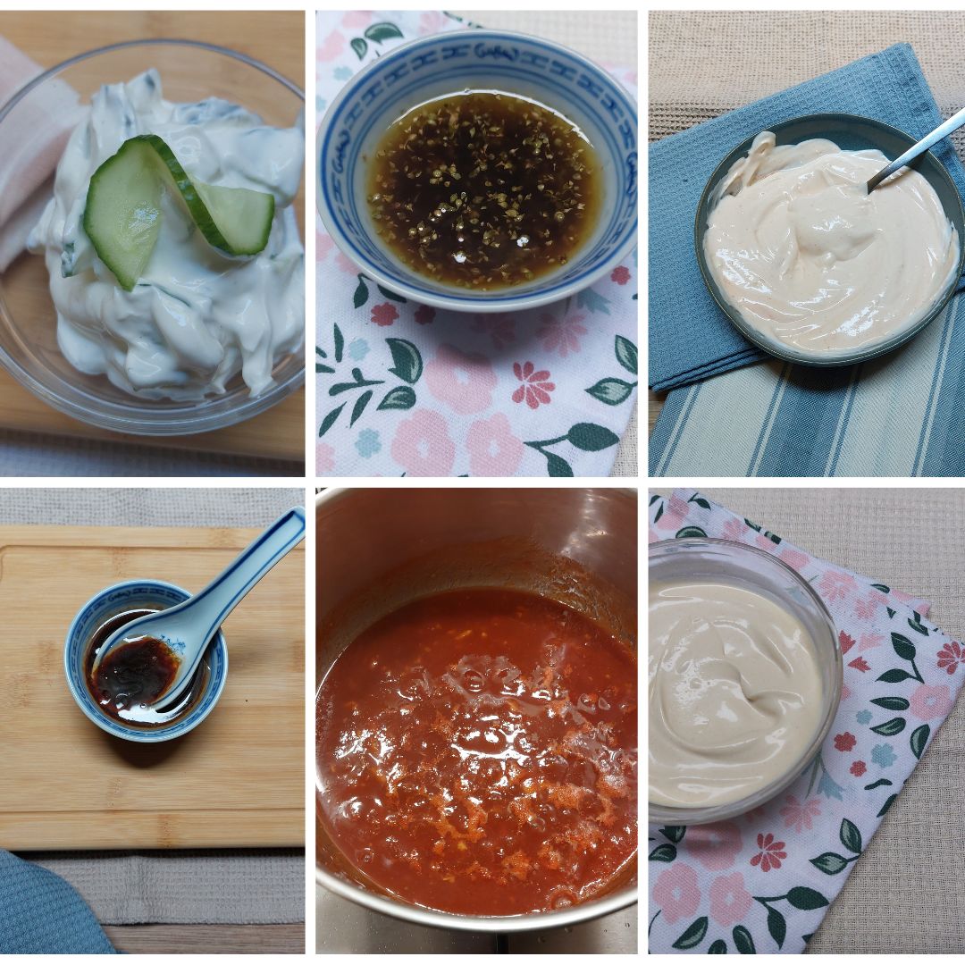 A photo divided in sixths with three photos on each row. Starting from top left, a photo of tzatziki with a cucumber on top, a bowl of vinaigrette dressing, a creamy dressing on a plate. Bottom starting from left; Asian dipping sauce, bbq sauce simmering, a bowl of a creamy dressing