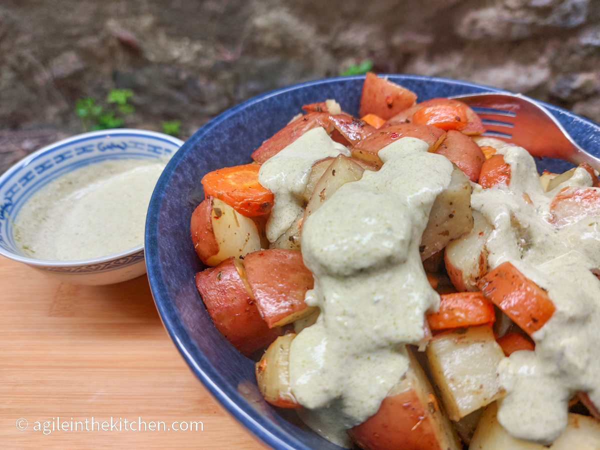 Roasted potato salad with pesto dressing